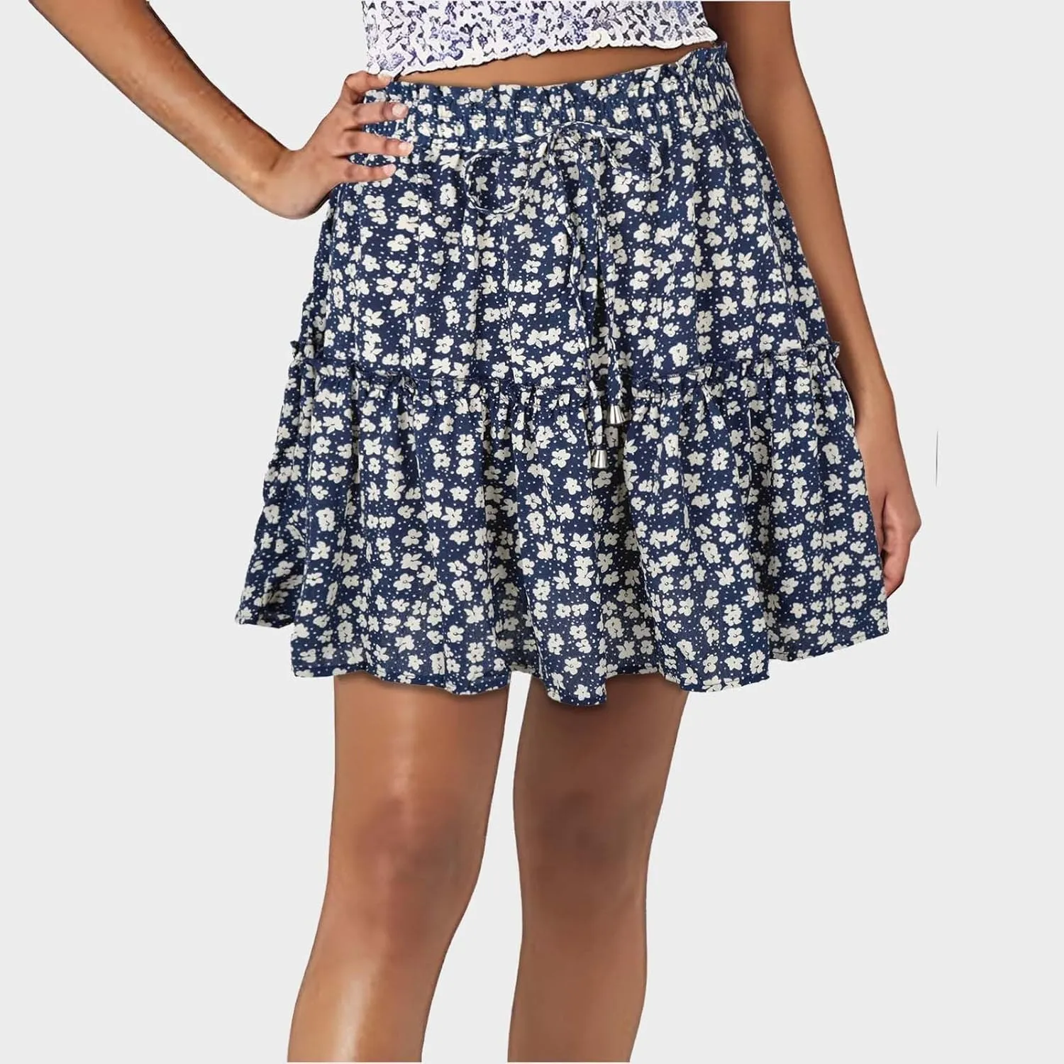 Skirts for Women Drawstring Elastic Waist Ruffle Skirt Tie Front Boho Floral Print Layered Flowy Mini Short Skirt