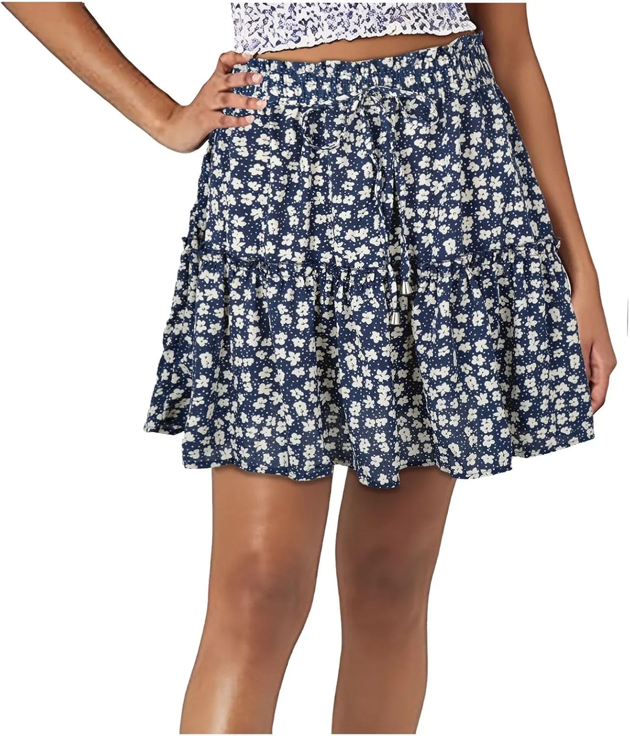 Skirts for Women Drawstring Elastic Waist Ruffle Skirt Tie Front Boho Floral Print Layered Flowy Mini Short Skirt