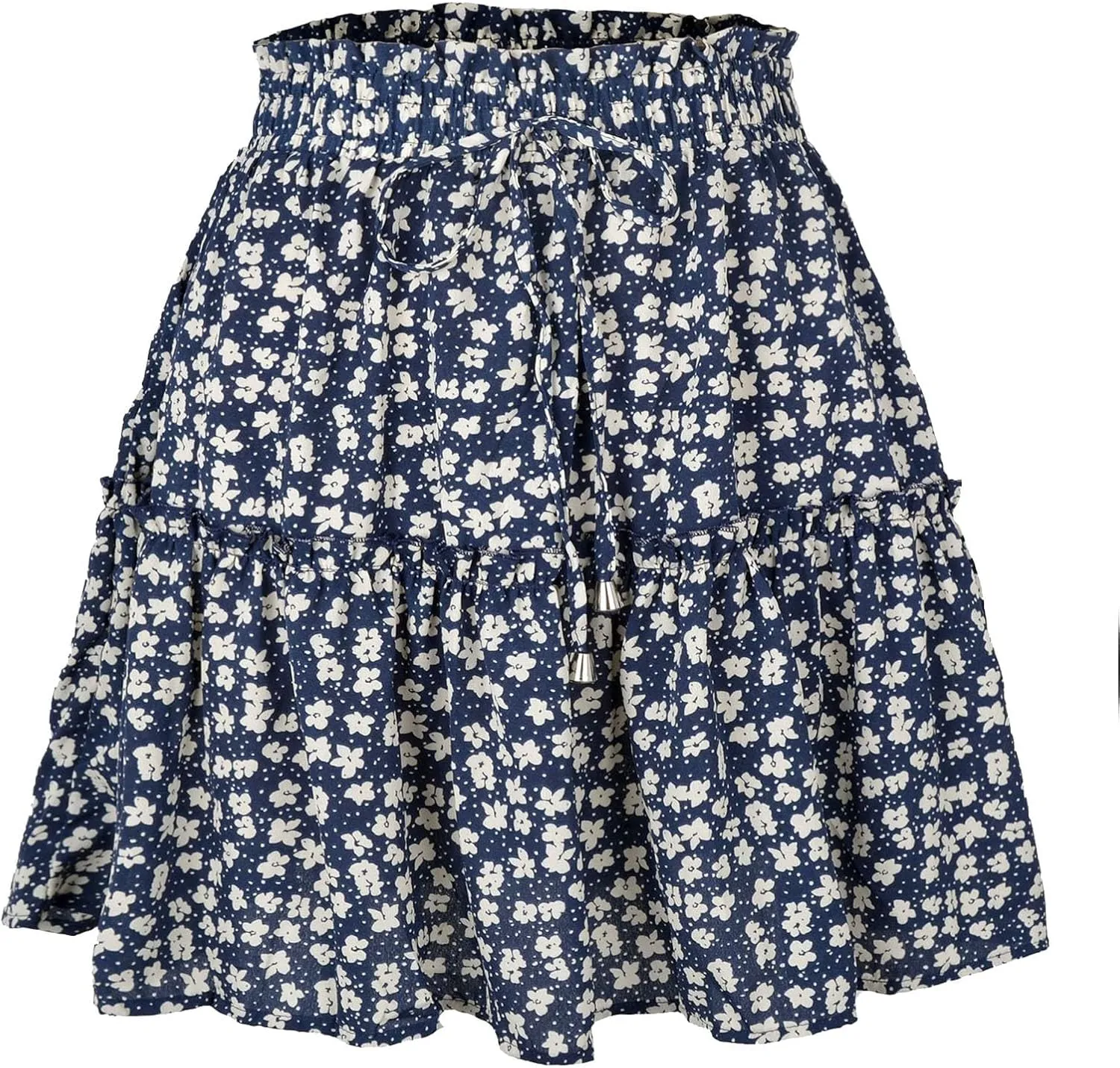 Skirts for Women Drawstring Elastic Waist Ruffle Skirt Tie Front Boho Floral Print Layered Flowy Mini Short Skirt