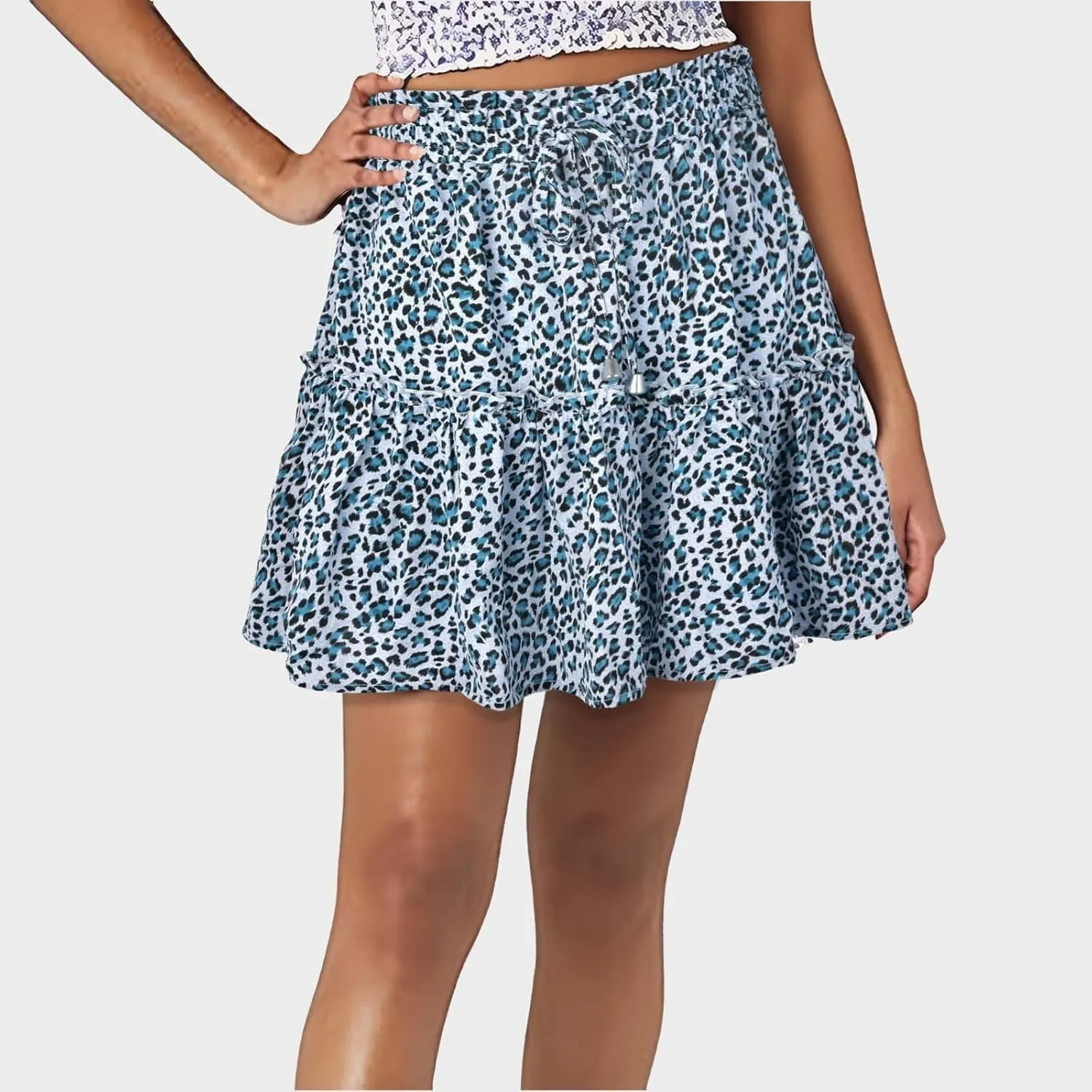 Skirts for Women Drawstring Elastic Waist Ruffle Skirt Tie Front Boho Floral Print Layered Flowy Mini Short Skirt