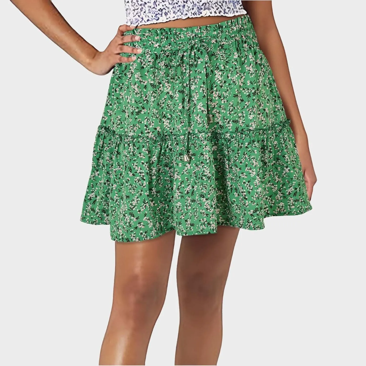 Skirts for Women Drawstring Elastic Waist Ruffle Skirt Tie Front Boho Floral Print Layered Flowy Mini Short Skirt