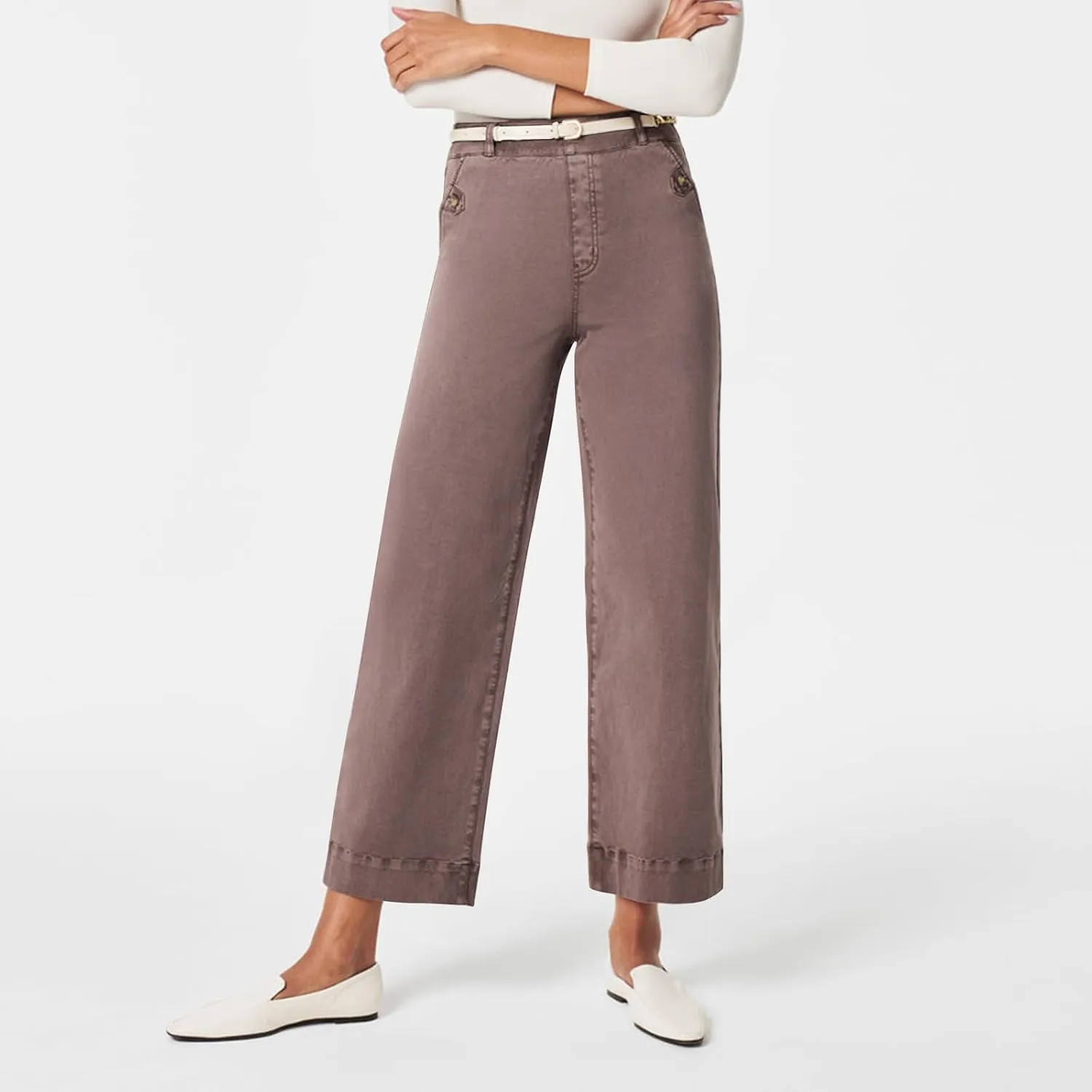 Stretch Twill Cropped Wide Leg Pant Women High Waisted Tummy Control Crop Jeans Casual Loose Straight Leg Chino Pants