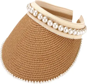 Sun Visor Hats for Women Faux Pearl Straw Visor Hat Summer Roll Up Ponytail Beach Visors Wide Brim Straw Beach Hat