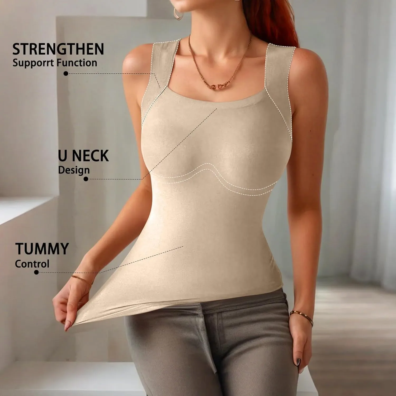 Tank Top with Built in Bra for Women Sleeveless U Neck Shapewear High Strechy Slim Fit Camisole Workout Tops