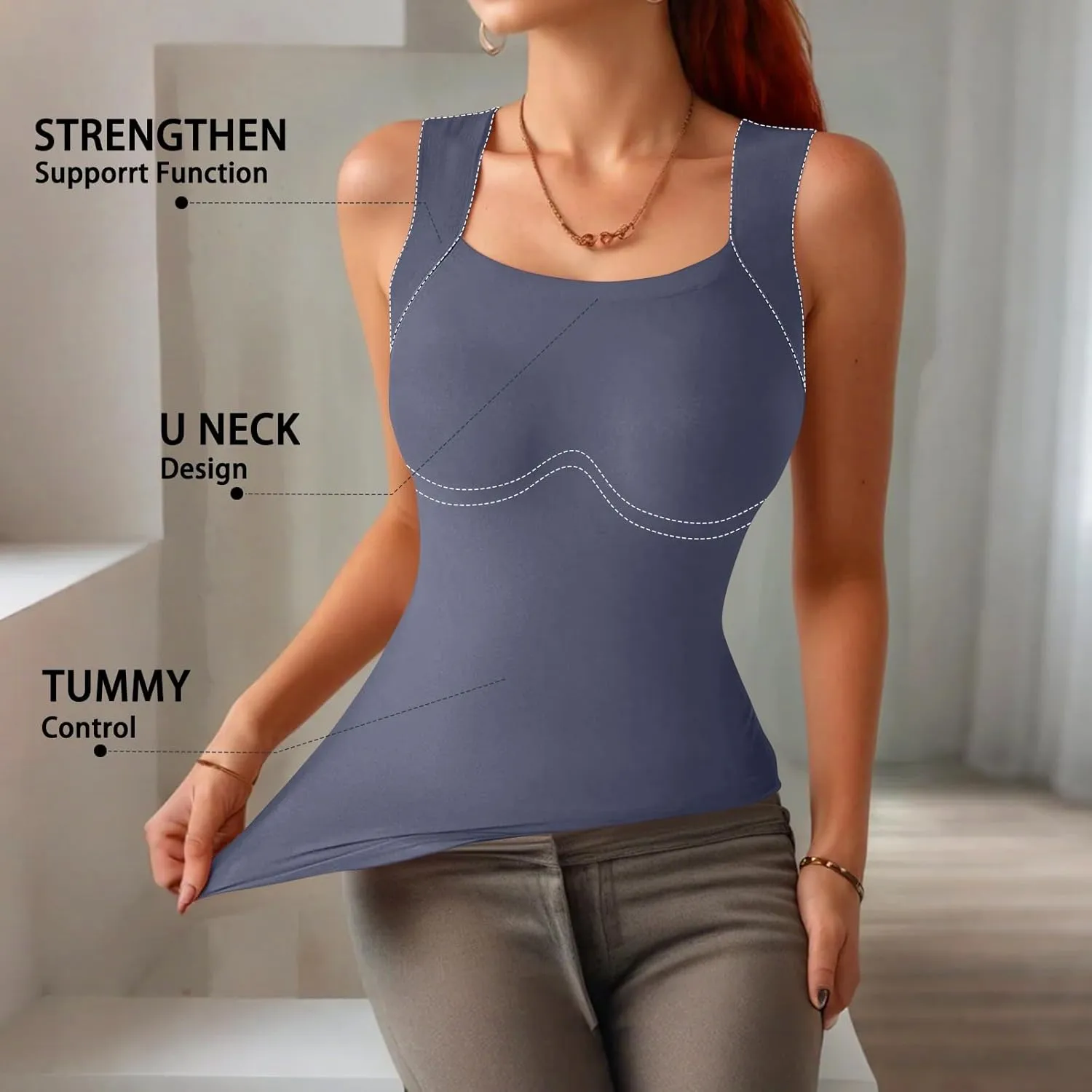 Tank Top with Built in Bra for Women Sleeveless U Neck Shapewear High Strechy Slim Fit Camisole Workout Tops