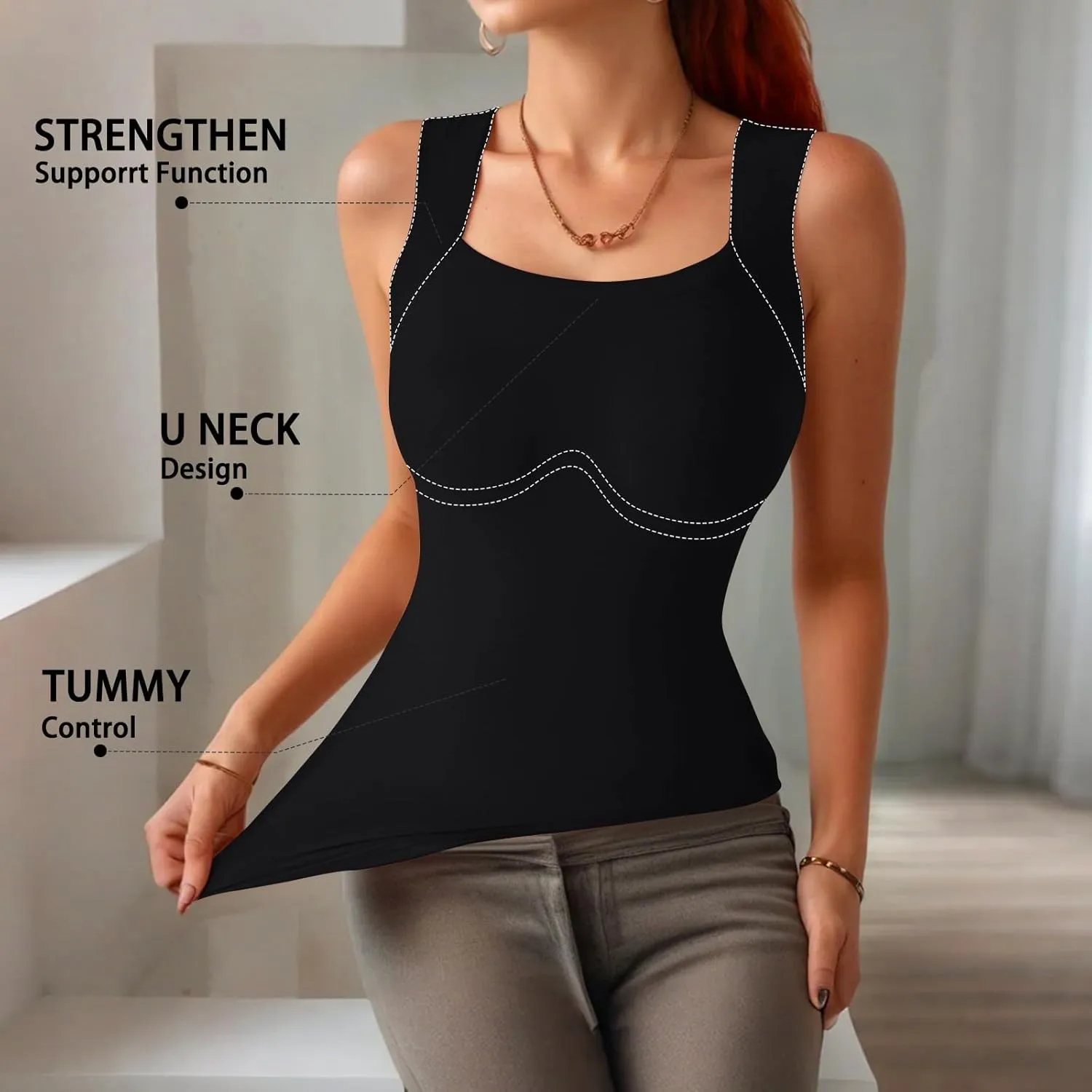 Tank Top with Built in Bra for Women Sleeveless U Neck Shapewear High Strechy Slim Fit Camisole Workout Tops