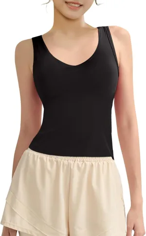 Tank Top with Built in Bra for Women Wide Strap Athletic Shelf Bra Workout Slim Fit Basic Lingerie Camisoles