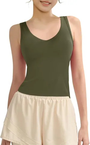 Tank Top with Built in Bra for Women Wide Strap Athletic Shelf Bra Workout Slim Fit Basic Lingerie Camisoles