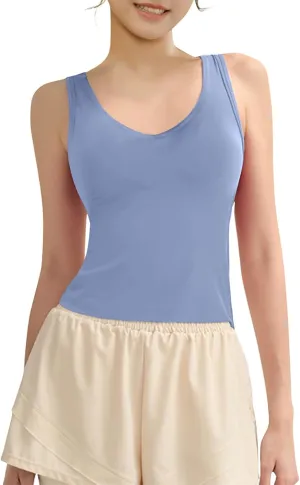 Tank Top with Built in Bra for Women Wide Strap Athletic Shelf Bra Workout Slim Fit Basic Lingerie Camisoles
