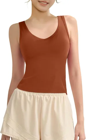 Tank Top with Built in Bra for Women Wide Strap Athletic Shelf Bra Workout Slim Fit Basic Lingerie Camisoles