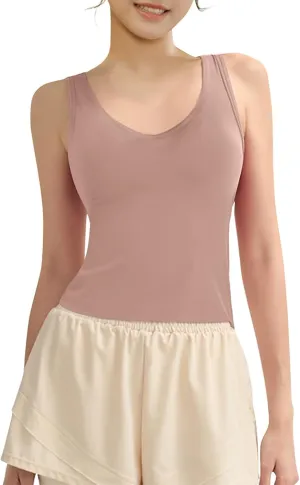 Tank Top with Built in Bra for Women Wide Strap Athletic Shelf Bra Workout Slim Fit Basic Lingerie Camisoles