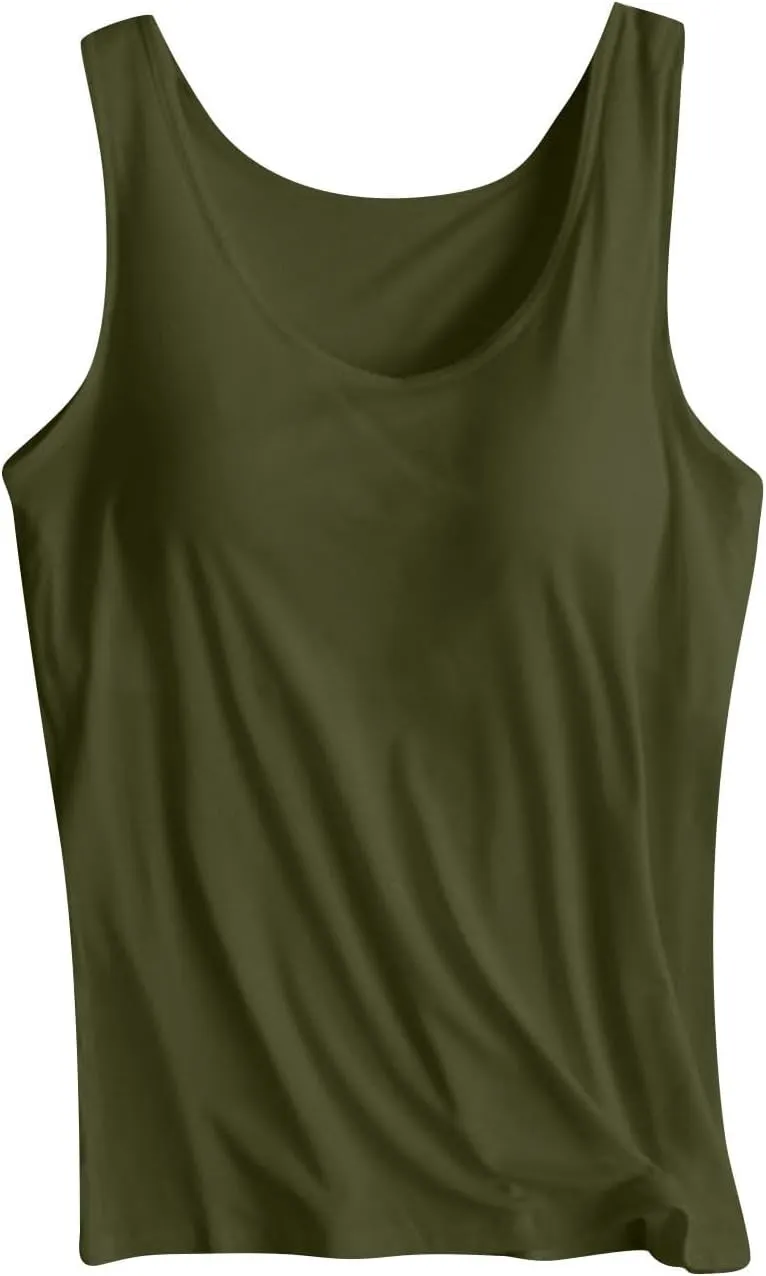 Tank Top with Built in Bra for Women Wide Strap Athletic Shelf Bra Workout Slim Fit Basic Lingerie Camisoles