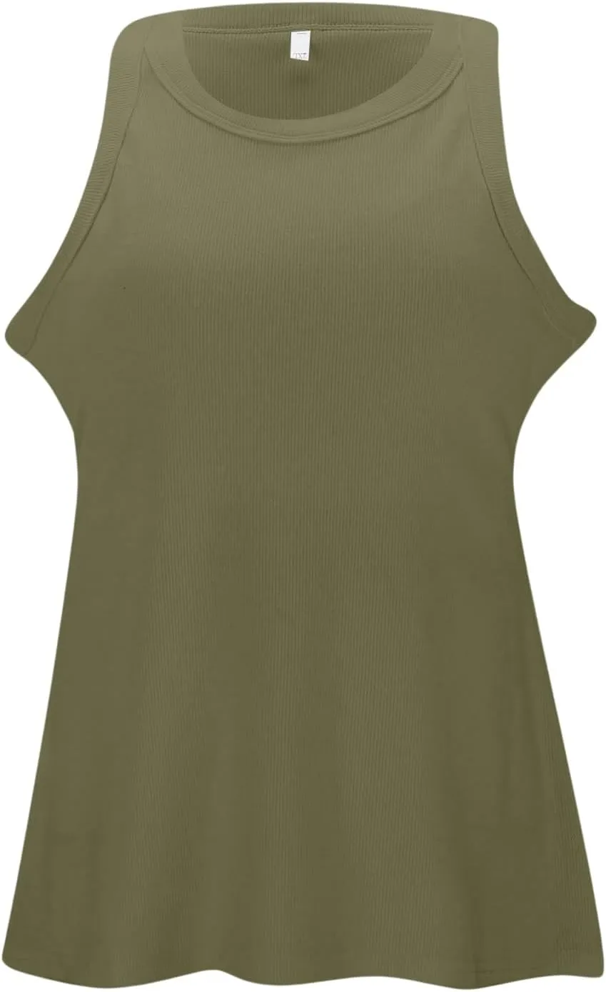 Tank Tops with Built in Bras Round Neck Ribbed Tank Top with Bra Pads Loose Casual Workout Tank Tops for Women