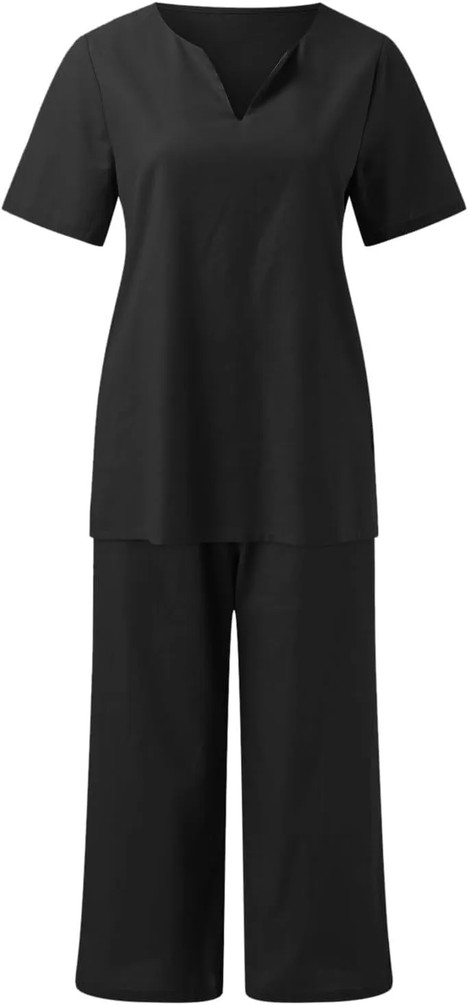 Two Piece Sets for Women Summer Casual Linen Button Shirts Comfy Bermuda Long Pants Set Summer Vacation Resort Wear
