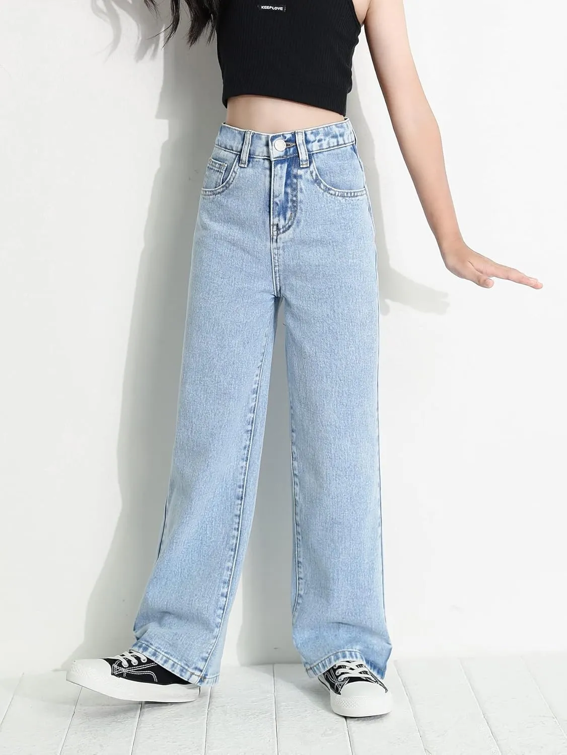 Verdusa Girl's Casual Elastic High Waist Wide Leg Denim Pants Jeans
