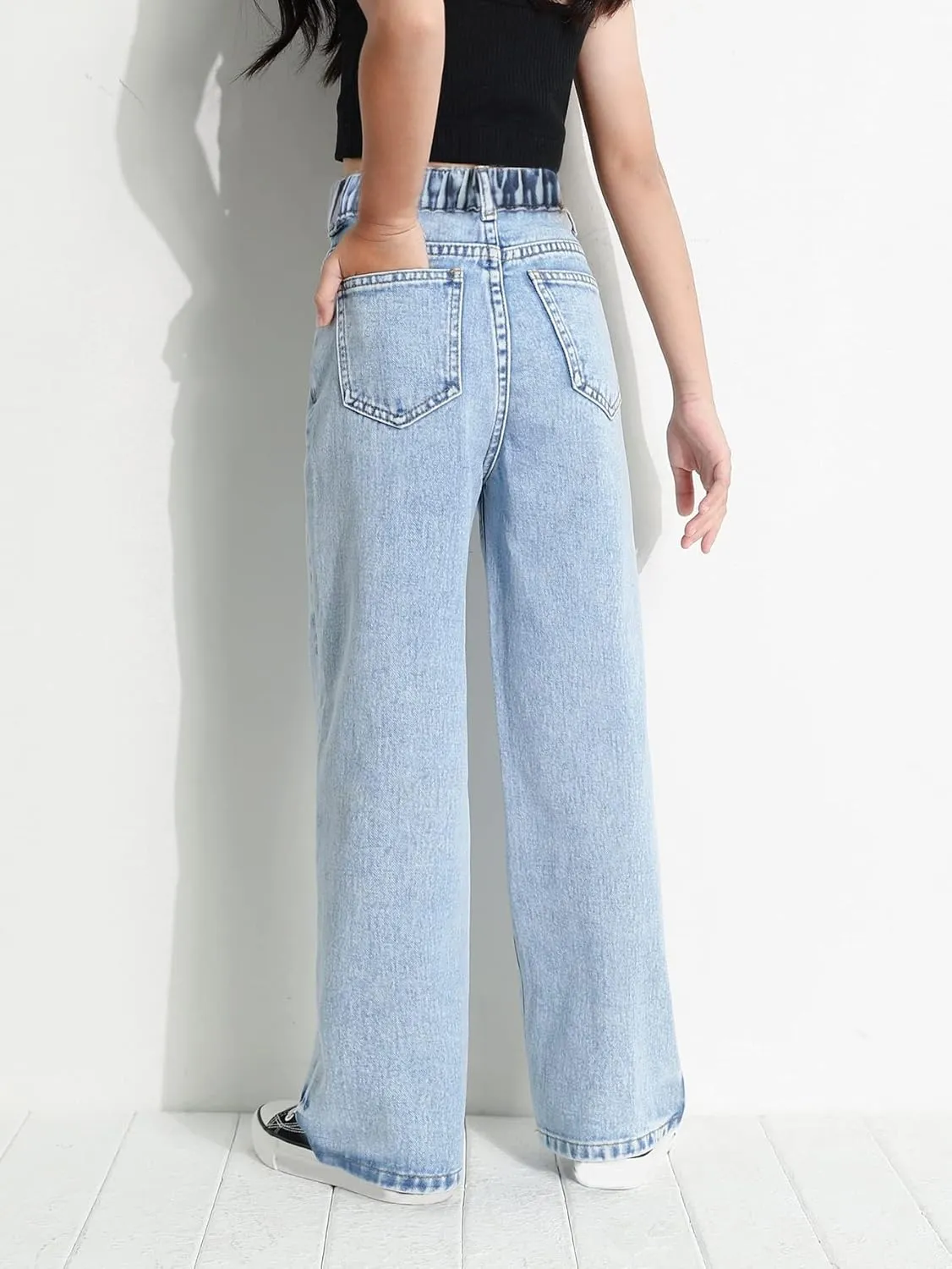Verdusa Girl's Casual Elastic High Waist Wide Leg Denim Pants Jeans