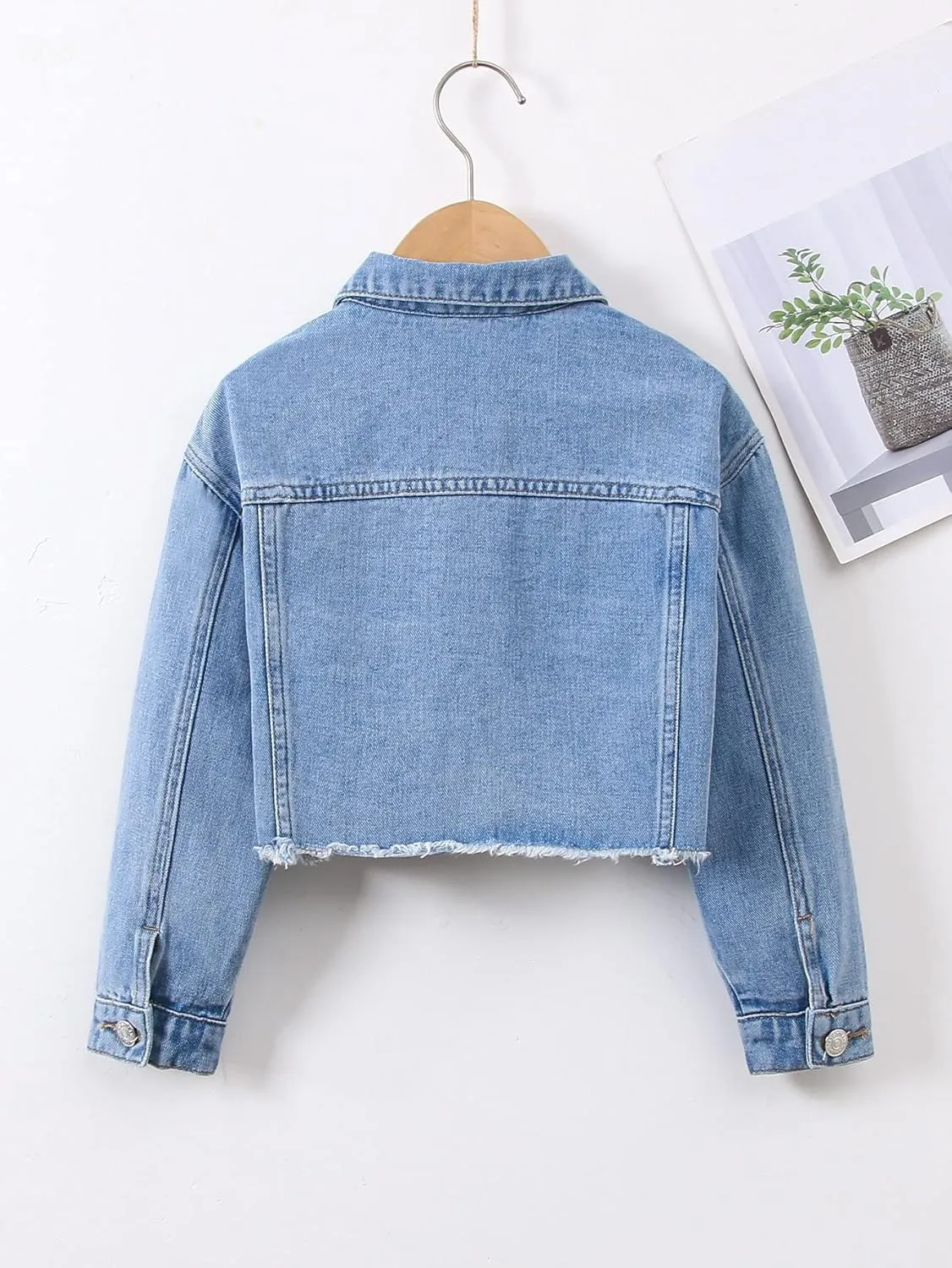 Verdusa Girl's Raw Hem Long Sleeve Single Breasted Crop Denim Jacket Outerwear
