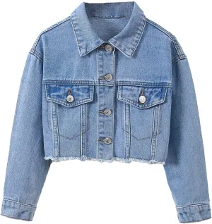 Verdusa Girl's Raw Hem Long Sleeve Single Breasted Crop Denim Jacket Outerwear