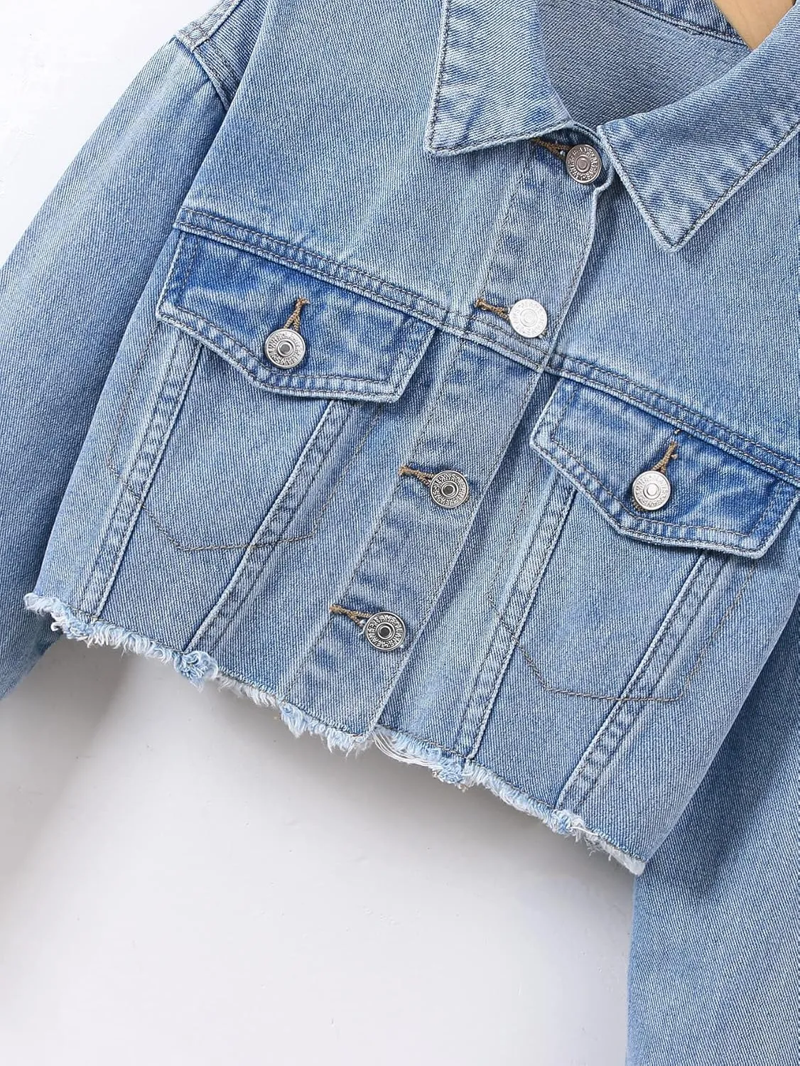 Verdusa Girl's Raw Hem Long Sleeve Single Breasted Crop Denim Jacket Outerwear