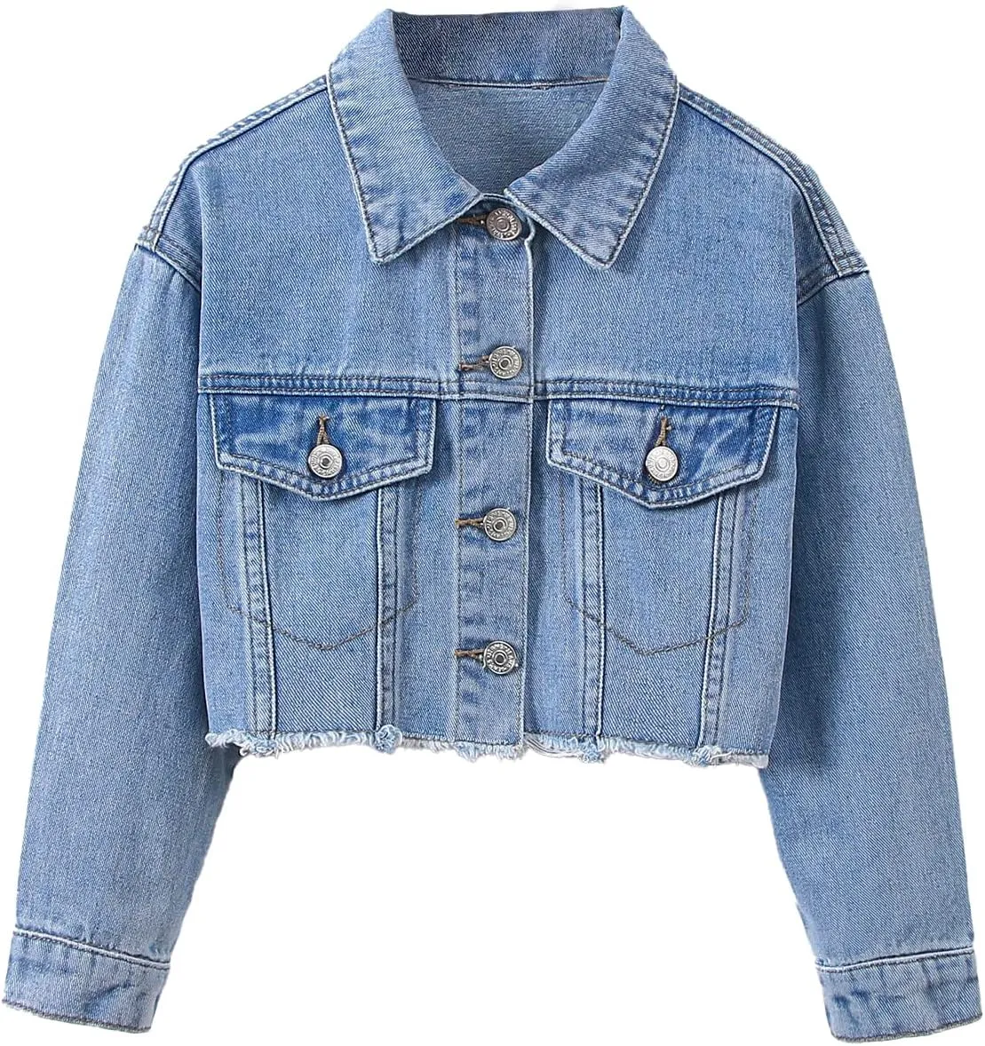 Verdusa Girl's Raw Hem Long Sleeve Single Breasted Crop Denim Jacket Outerwear