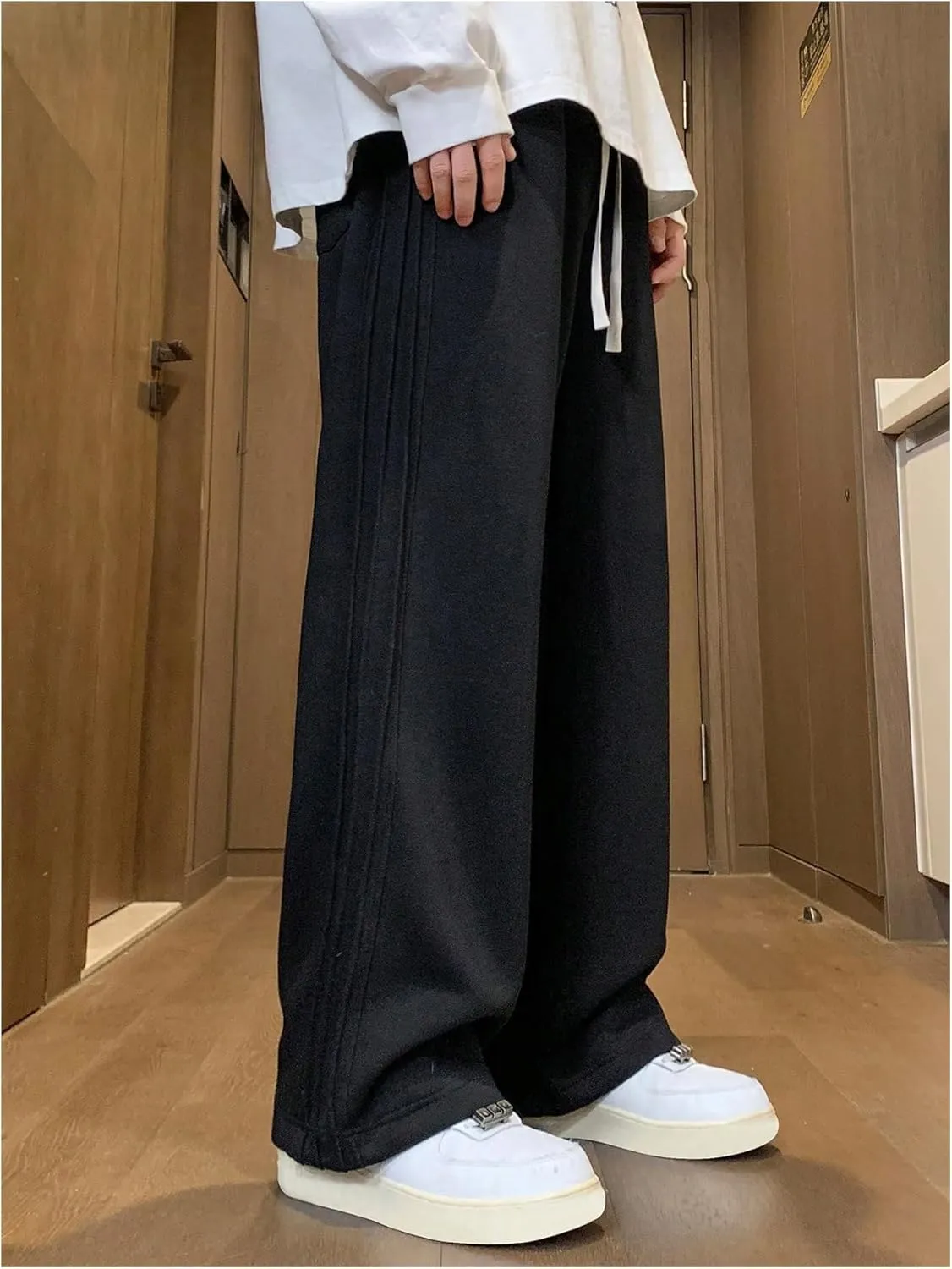 Verdusa Men's Drawstring Waist Straight Leg Textured Pants Long Trousers