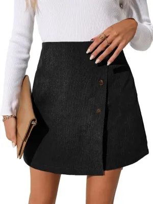 Verdusa Women's Button Front High Waist Asymmetrical Wrap Short Corduroy Skirt