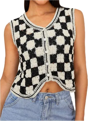 Verdusa Women's Button Front V Neck Sleeveless Crochet Plaid Checkered Knit Sweater Vest