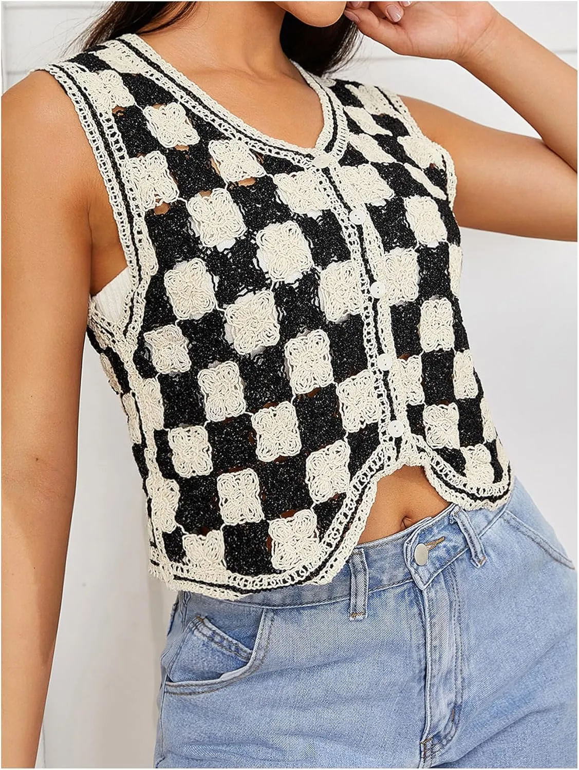 Verdusa Women's Button Front V Neck Sleeveless Crochet Plaid Checkered Knit Sweater Vest