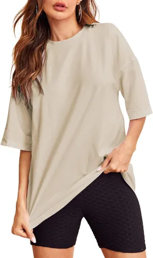 Verdusa Women's Casual Basic Round Neck Half Sleeve Oversized Tunic Tee Shirt