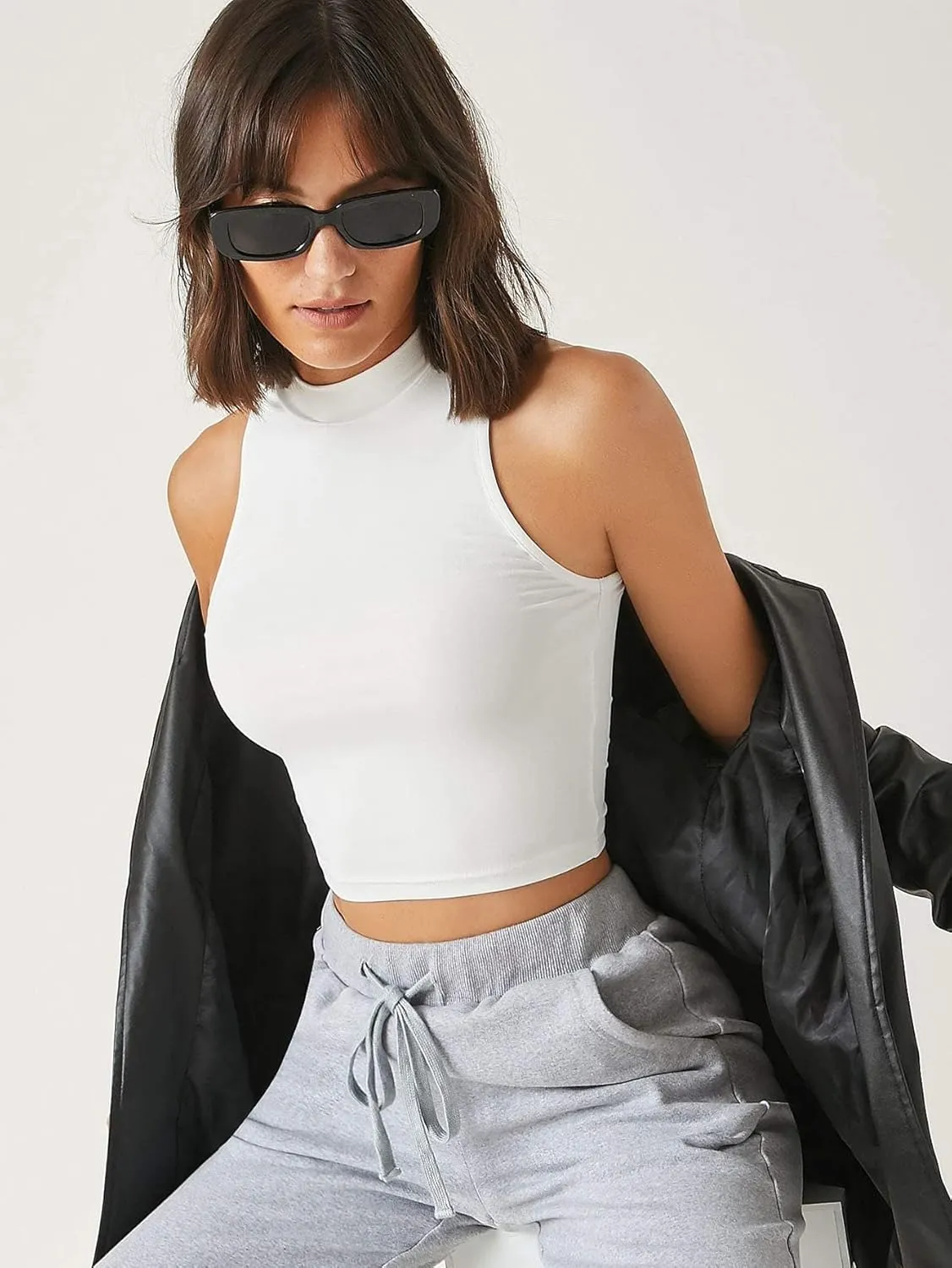 Verdusa Women's Casual High Neck Sleeveless Solid Crop Halter Tank Top