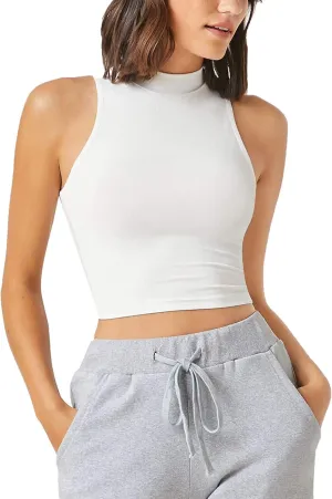 Verdusa Women's Casual High Neck Sleeveless Solid Crop Halter Tank Top