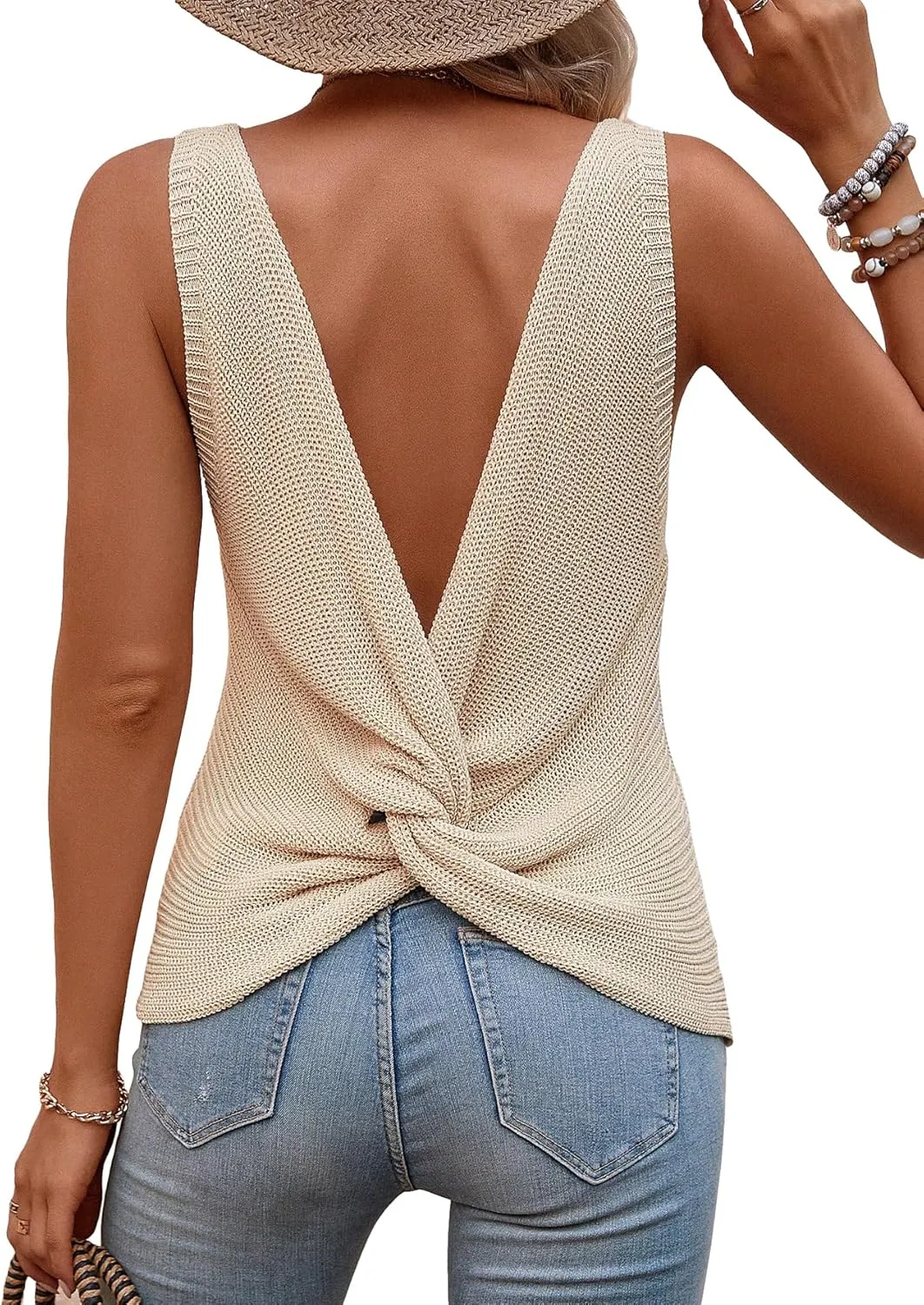 Verdusa Women's Casual Twist Back Sleeveless V Neck Tank Knit Top Vest