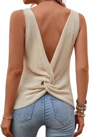 Verdusa Women's Casual Twist Back Sleeveless V Neck Tank Knit Top Vest