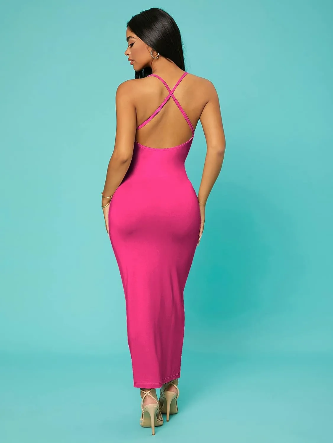 Verdusa Women's Criss Cross Backless Spaghetti Strap Long Cami Bodycon Dress