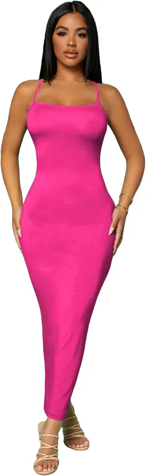 Verdusa Women's Criss Cross Backless Spaghetti Strap Long Cami Bodycon Dress