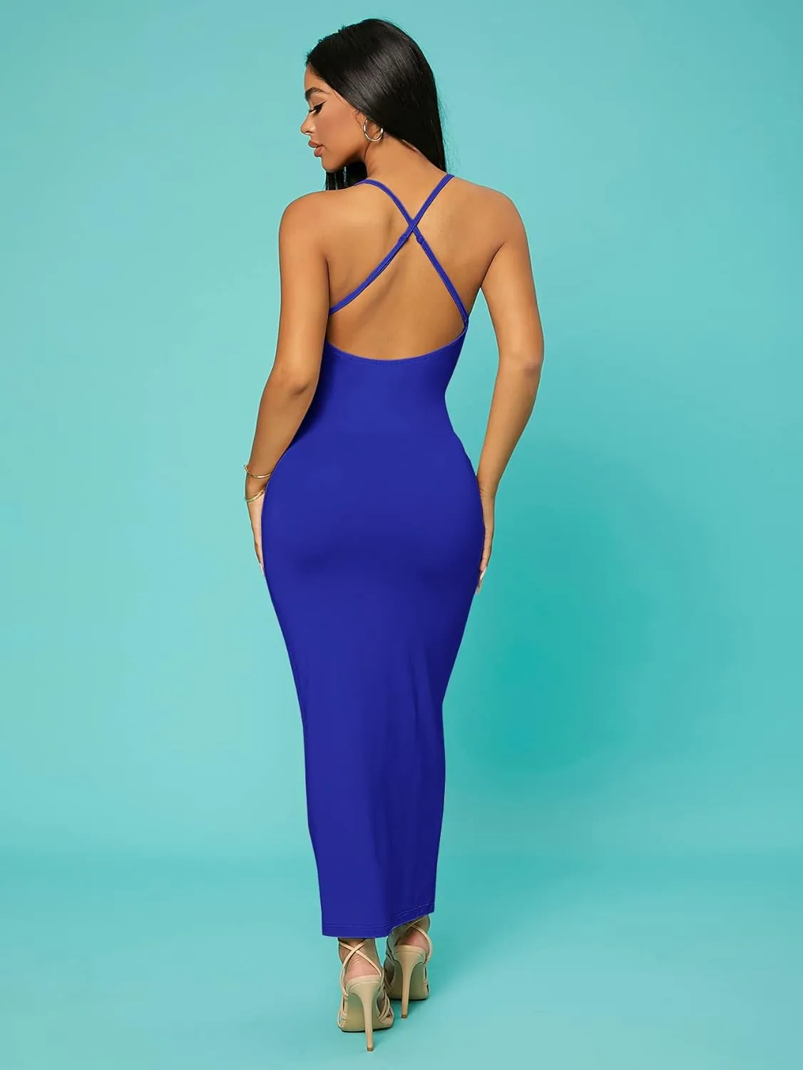 Verdusa Women's Criss Cross Backless Spaghetti Strap Long Cami Bodycon Dress