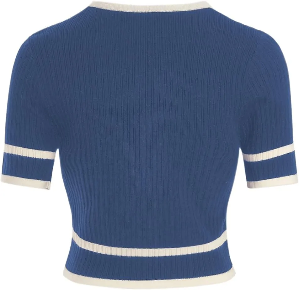 Verdusa Women's Cropped Sweater Old Money Clothes Short Sleeve Button Up Fall Trendy Lightweight Knit Top