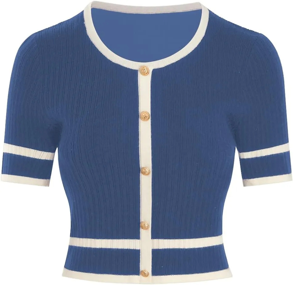 Verdusa Women's Cropped Sweater Old Money Clothes Short Sleeve Button Up Fall Trendy Lightweight Knit Top