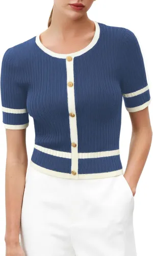 Verdusa Women's Cropped Sweater Old Money Clothes Short Sleeve Button Up Fall Trendy Lightweight Knit Top