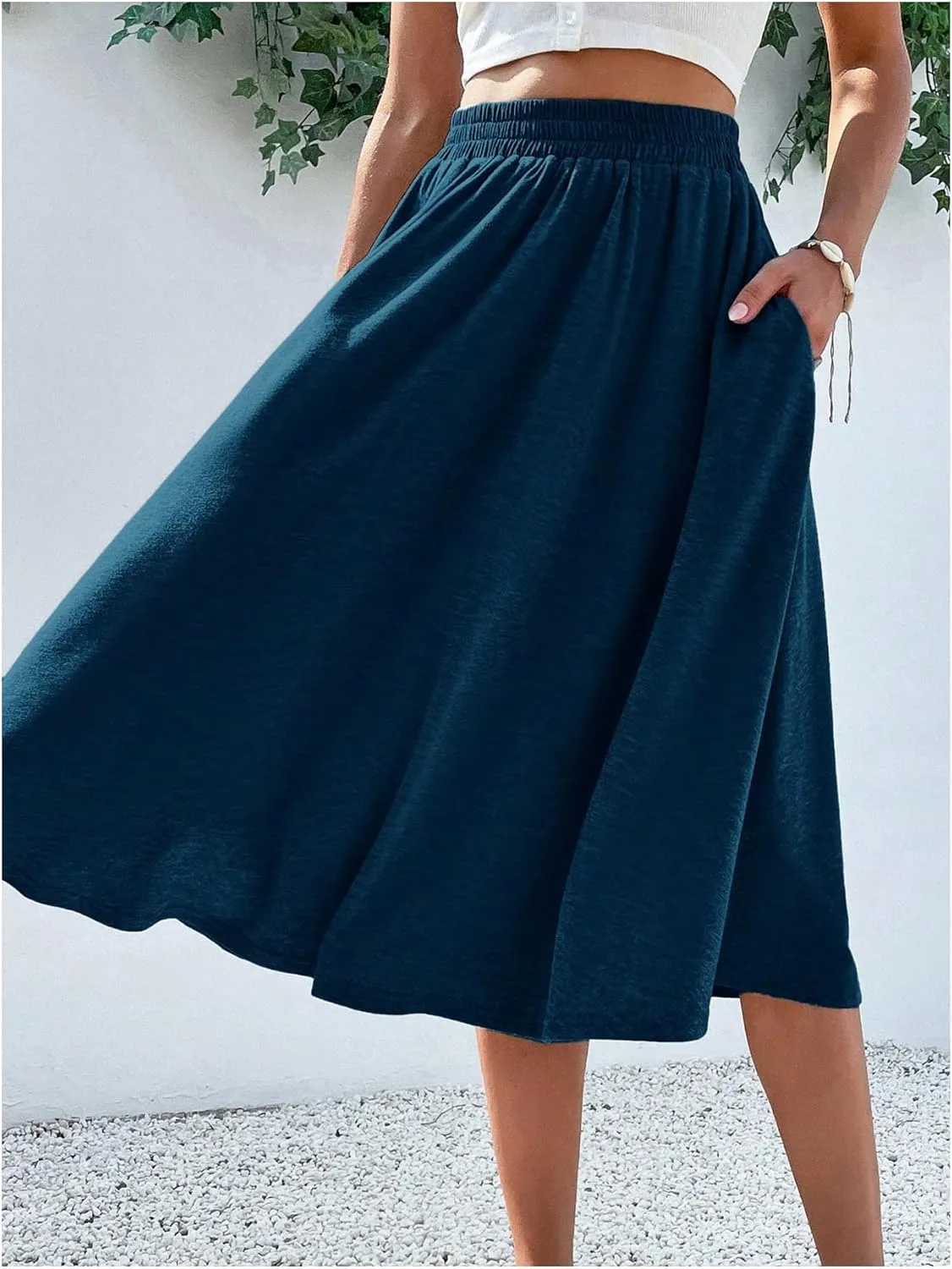Verdusa Women's Elastic Waist Pocket Side A Line Midi Swing Flared Skirt