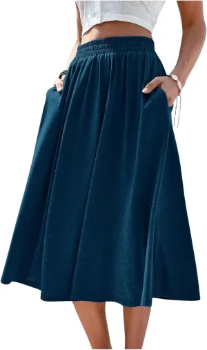 Verdusa Women's Elastic Waist Pocket Side A Line Midi Swing Flared Skirt