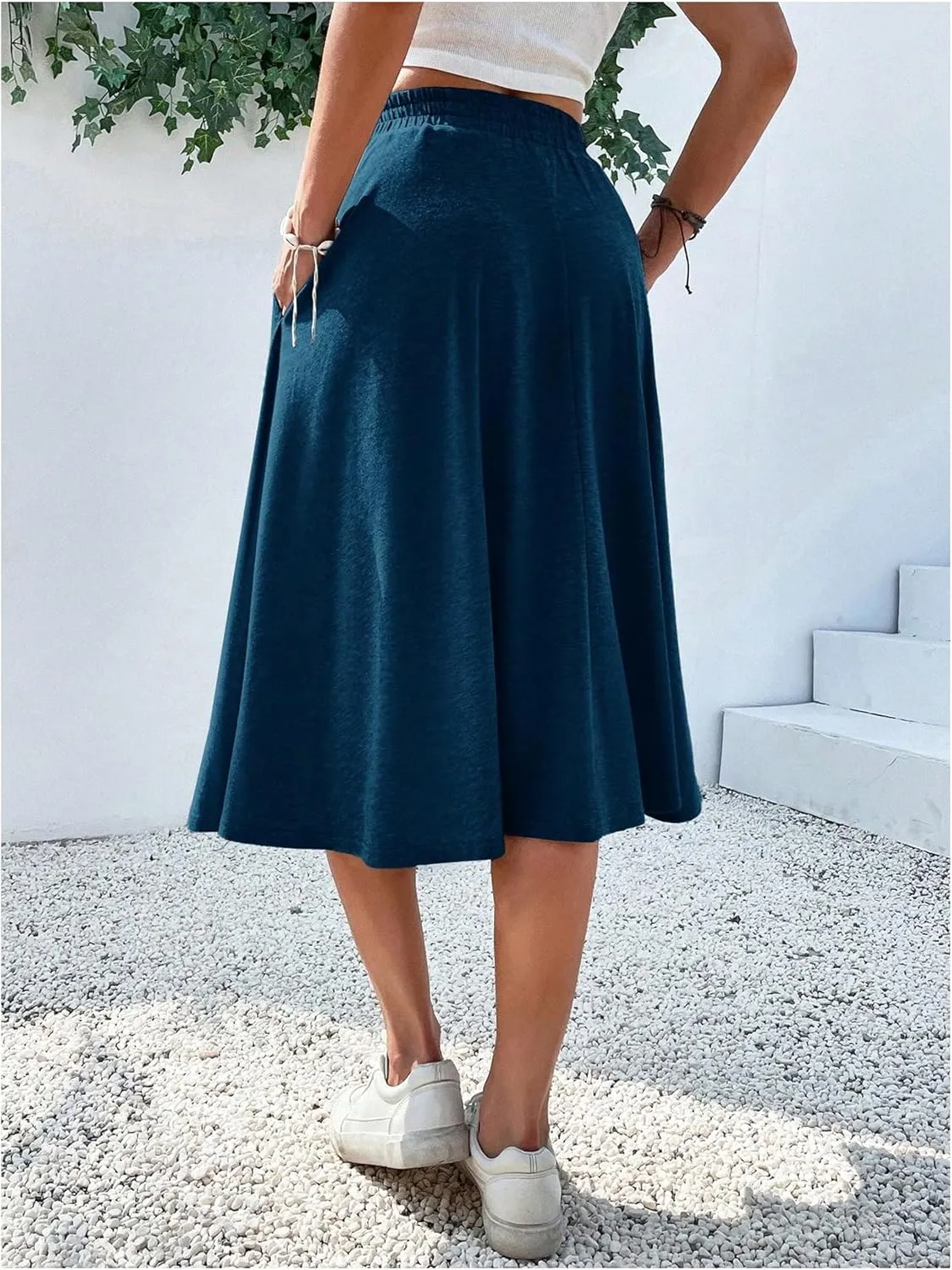 Verdusa Women's Elastic Waist Pocket Side A Line Midi Swing Flared Skirt