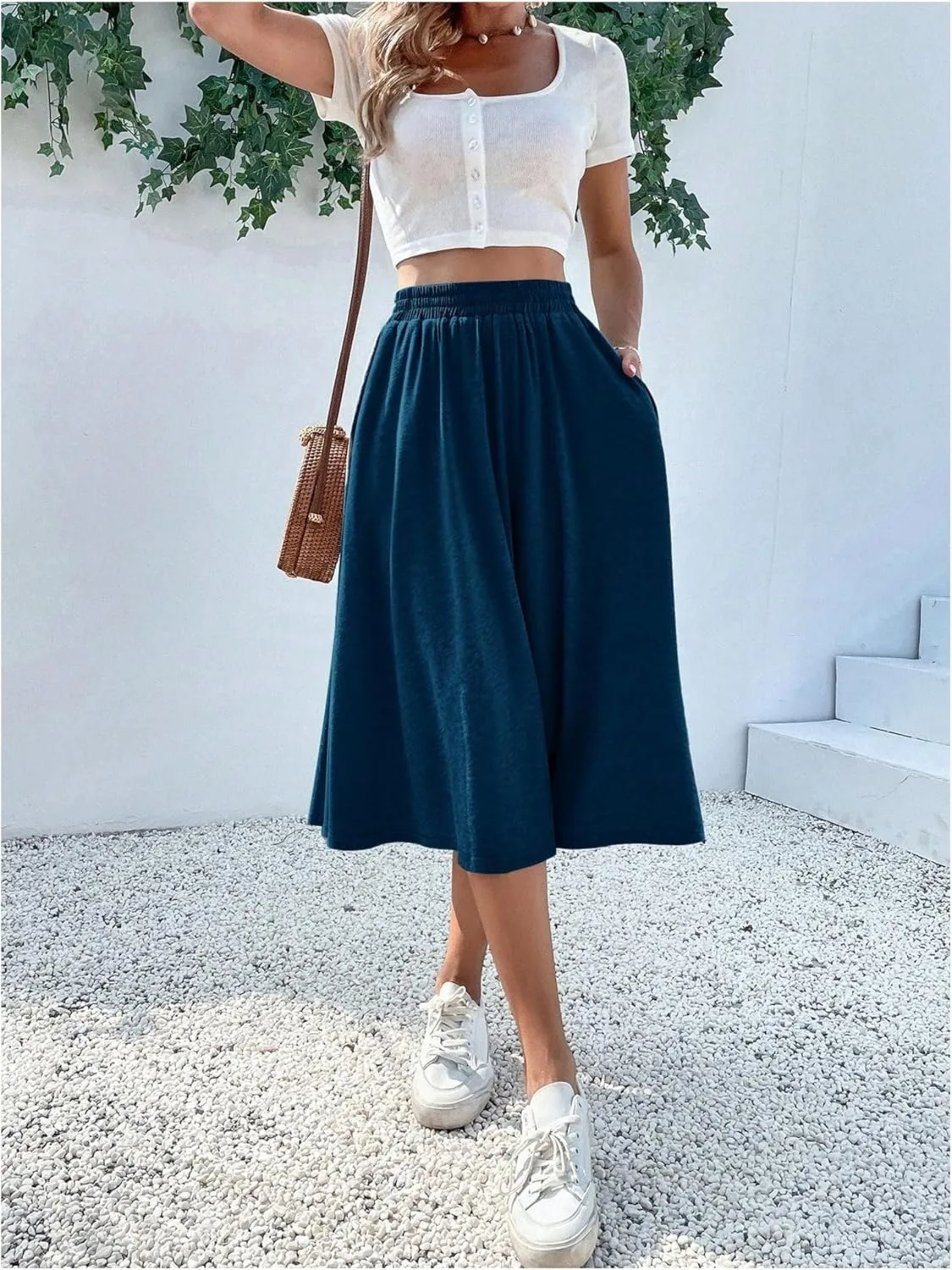 Verdusa Women's Elastic Waist Pocket Side A Line Midi Swing Flared Skirt