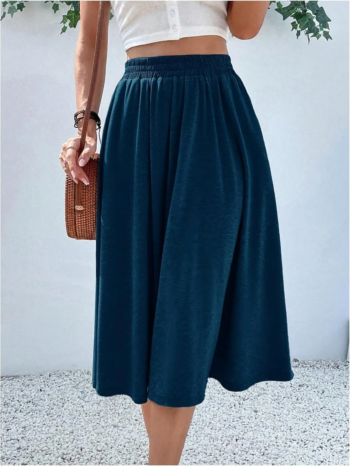 Verdusa Women's Elastic Waist Pocket Side A Line Midi Swing Flared Skirt