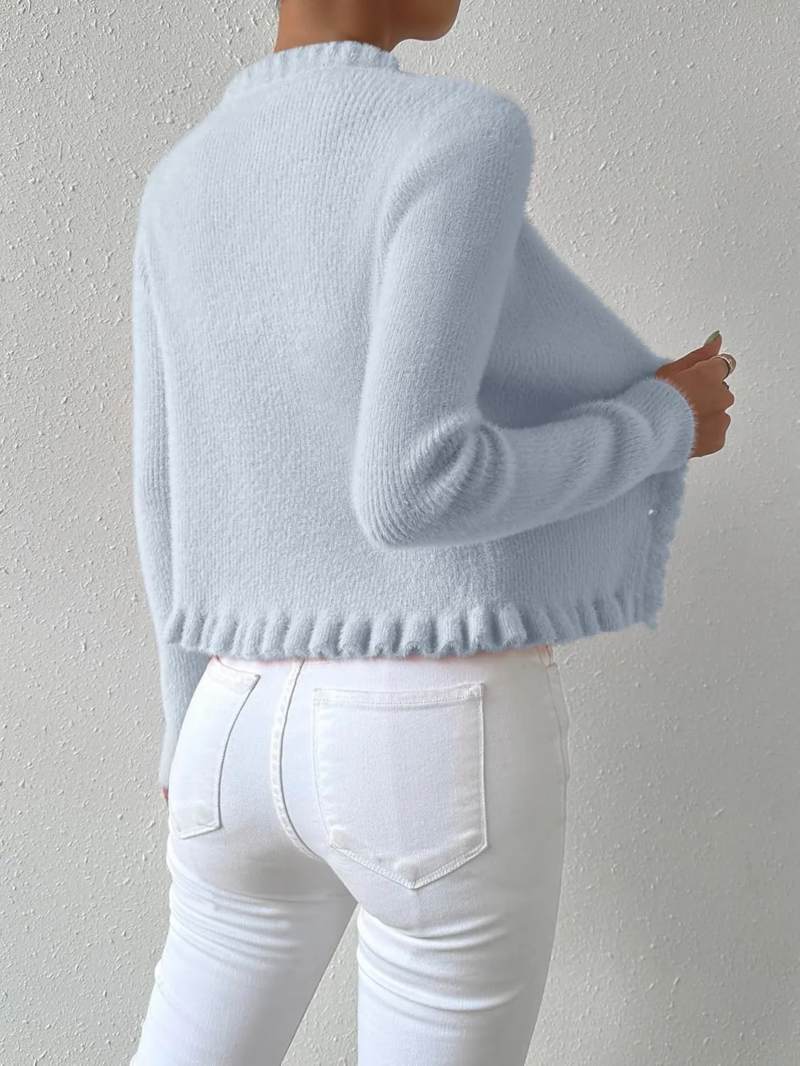 Verdusa Women's Frill Trim Button Down Long Sleeve Puffy Cardigan Sweater