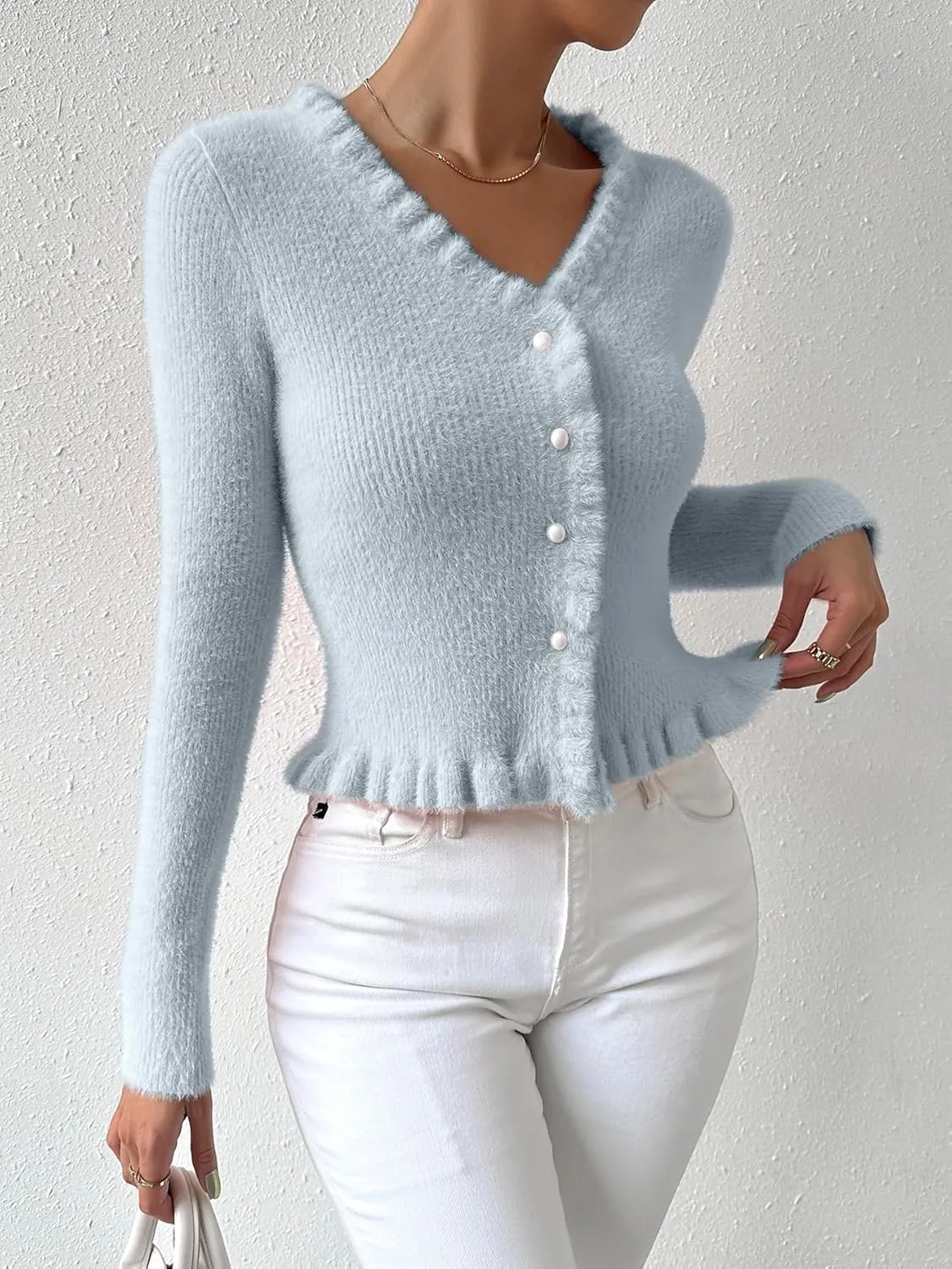 Verdusa Women's Frill Trim Button Down Long Sleeve Puffy Cardigan Sweater