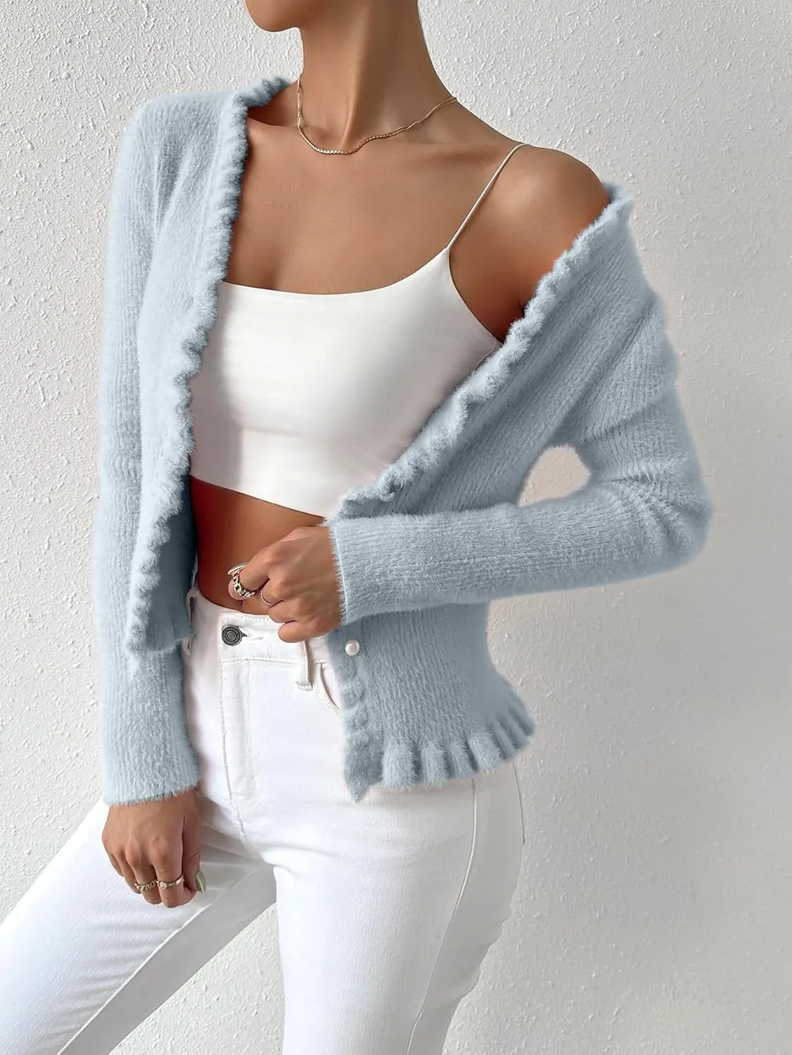 Verdusa Women's Frill Trim Button Down Long Sleeve Puffy Cardigan Sweater