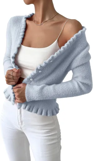 Verdusa Women's Frill Trim Button Down Long Sleeve Puffy Cardigan Sweater