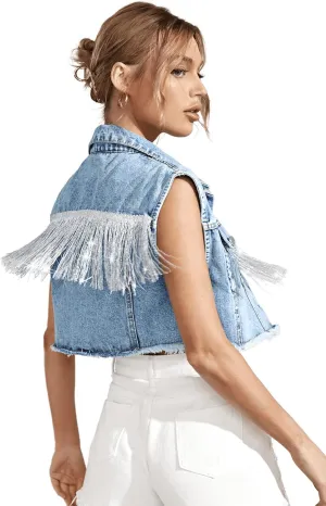 Verdusa Women's Fringe Raw Trim Sleeveless Denim Vest Jean Jacket Coat