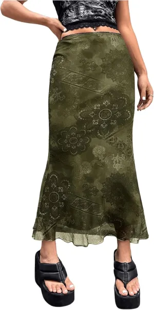 Verdusa Women's Lettuce Trim High Waist Mesh Fishtail Bodycon Long Skirt